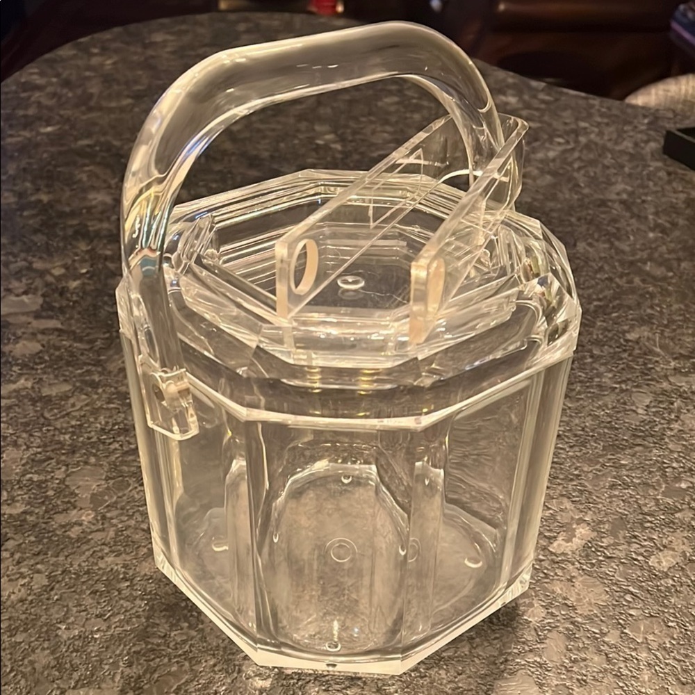 MCM Large Lucite Clear Crystal Ice Bucket With Handle Lid and Tongs